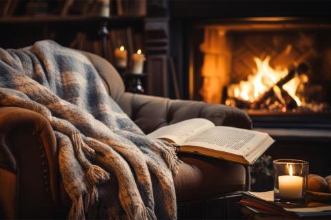 Chair with a blanket and a book in front of a big fireplace.