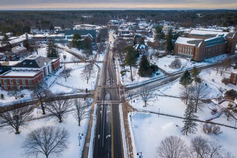 aerial of UNH campus in the winter