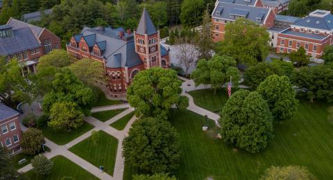 Aerial view of UNH campus and T-Hall