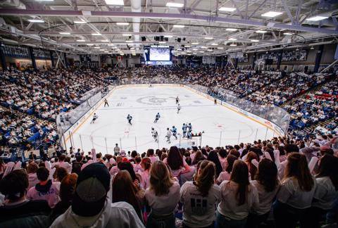 Overhead crowd and ice view at a UNH championship hockey game
