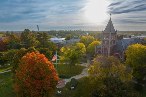 Overhead drone photo of the UNH campus in fall