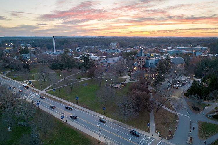 aerial photo of campus at sunset